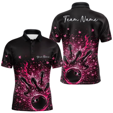 Maxcorners Custom Pink Elegant Butterfly Bowling Men Polo Shirt, Flame Bowlers Jersey