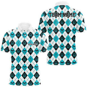 Maxcorners Custom Funny White, Black And Blue Halloween Bowling Argyle Pattern Men Polo Shirt