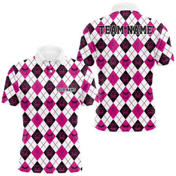 Maxcorners Custom Funny White, Black And Pink Halloween Bowling Argyle Pattern Men Polo Shirt
