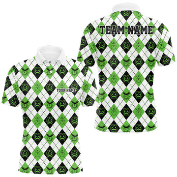 Maxcorners Custom Funny White, Black And Green Halloween Bowling Argyle Pattern Men Polo Shirt