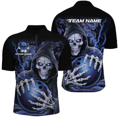 MaxCorners Bowling And Pin Blue Skull Customized Name 3D Stand Collar Zipper Polo Shirt Unisex