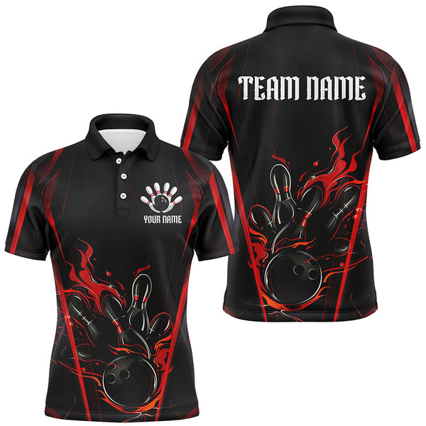 Maxcorners Black And Red Flame Custom Bowling Shirts For Men, Bowling League Shirt Team Jerseys