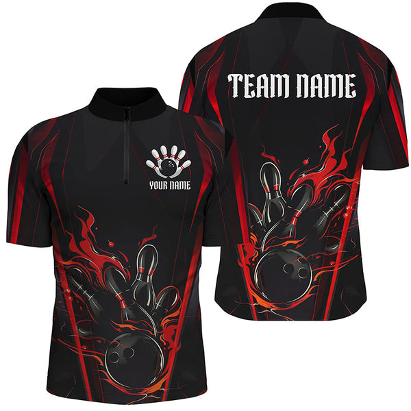 Maxcorners Black And Red Flame Custom Bowling Shirts For Men, Bowling League Shirt Team Jerseys