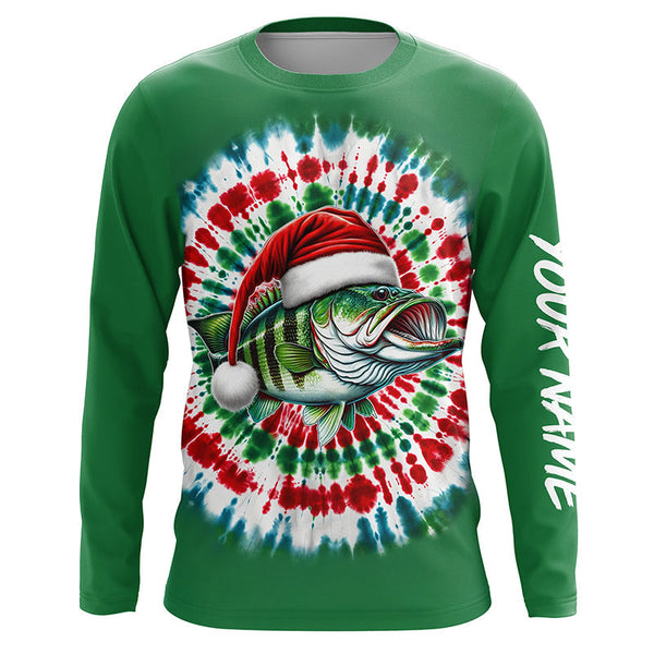 Maxcorners Custom Christmas Bass Fishing Tie Dye Long Sleeve Fishing Shirts, Christmas Bass Fishing Gifts  LM2408