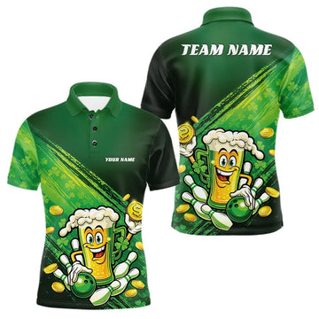 Maxcorners Custom Funny St Patricks Day Beer Bowling Team Shirts, Green Shamrock And Gold Coin Bowling Jerseys LM2201