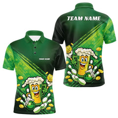 Maxcorners Custom Funny St Patricks Day Beer Bowling Team Shirts, Green Shamrock And Gold Coin Bowling Jerseys LM2201