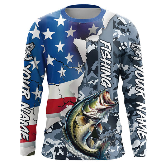 Maxcorners Custom American Flag Bass Fishing Long Sleeve Shirts, Bass Fishing Camo Tournament Fishing Jerseys LM0201