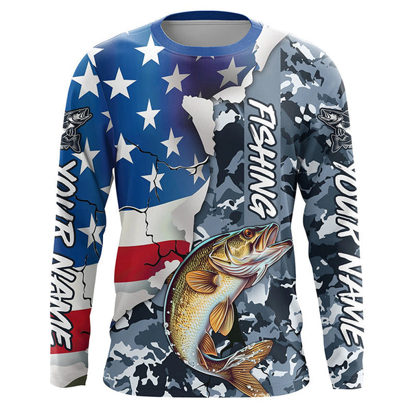 Maxcorners Custom American Flag Walleye Fishing Long Sleeve Shirts, Patriotic Camo Walleye Fishing Jerseys LM2408