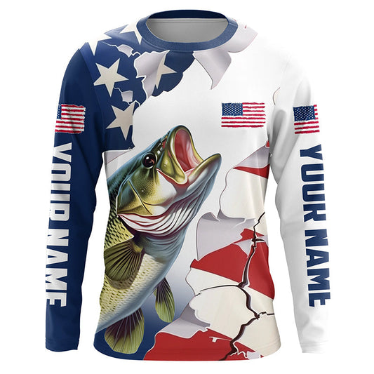 Maxcorners Personalized American Flag Bass Fishing Long Sleeve Shirts, Patriotic Bass Fishing Jerseys LM0201