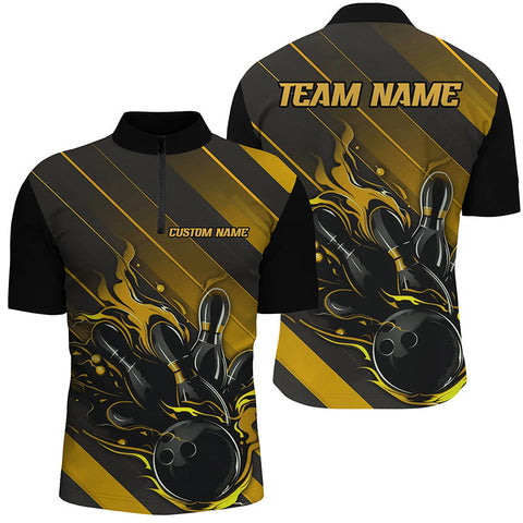 MaxCorners Bowling And Pins Black And Gold  Customized Name, Team Name 3D Stand Collar Zipper Polo Shirt For Men