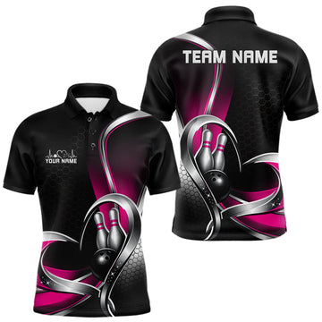 Maxcorners Custom Black And Pink Heart Bowling Men Polo Shirt, Hexagon Bowling Team Jerseys LM1904