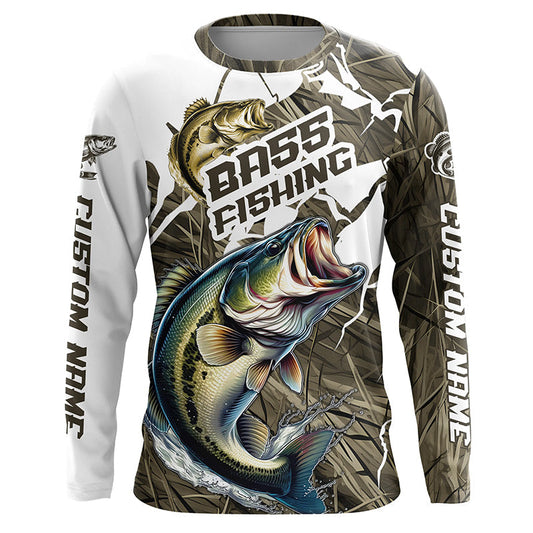 Maxcorners Largemouth Bass Fishing Custom Long Sleeve Tournament Shirts, Camouflage Bass Fishing Jerseys LM0201