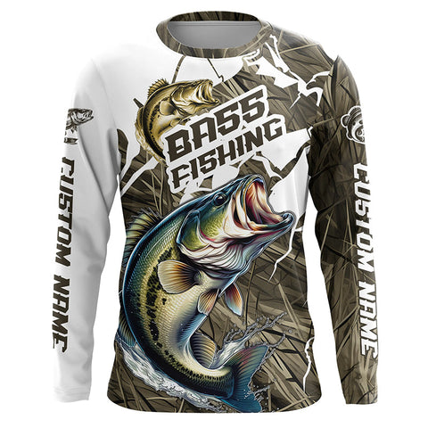 Maxcorners Largemouth Bass Fishing Custom Long Sleeve Tournament Shirts, Camouflage Bass Fishing Jerseys LM2408