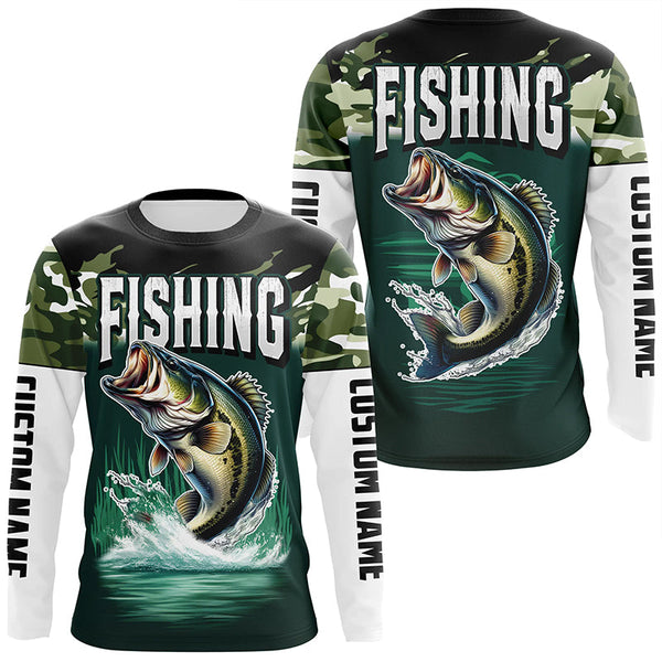 Maxcorners Camouflage Largemouth Bass Fishing Custom Long Sleeve Tournament Shirts, Fishing Gifts For Fisherman LM2408