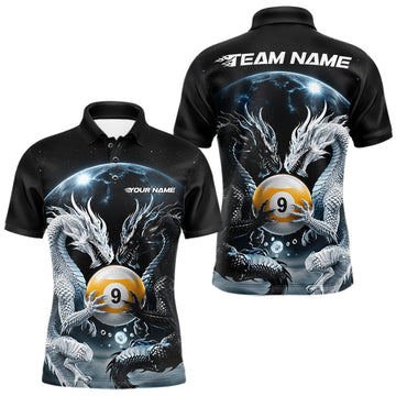 Maxcorners Custom Black And White Dragon 9 Ball Billiard Polo Shirt For Men, Dragon Pool Shirt