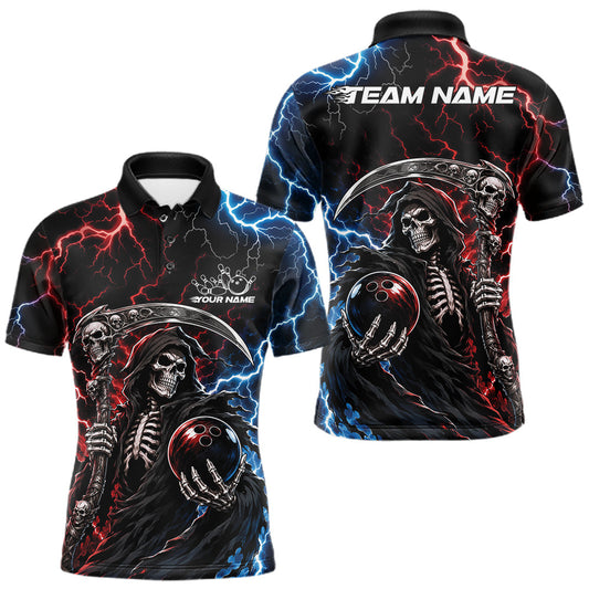 Maxcorners Custom Blue And Red Lightning Grim Reaper Skull Bowling Halloween Men Polo Shirt