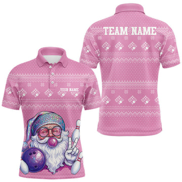 Maxcorners Custom Funny Santa Christmas Men Bowling Polo Shirts, Pink Xmas Bowling Team Outfit