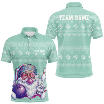 Maxcorners Custom Funny Santa Christmas Men Bowling Polo Shirts, Mint Green Xmas Team Outfit