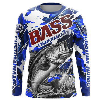 Maxcorners Personalized Bass Fisherman Long Sleeve Fishing Shirt, Red White And Blue Camo Fishing Jerseys LM0201