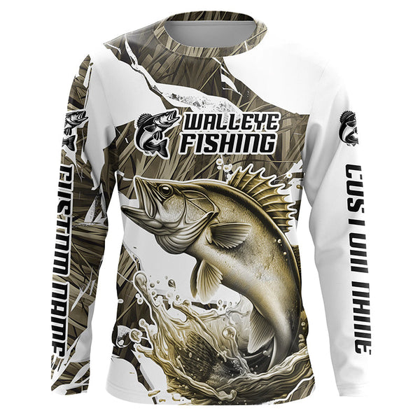 Maxcorners Grass Camo Custom Walleye Fishing Long Sleeve Tournament Fishing Shirts, Walleye Fishing Apparel LM2408