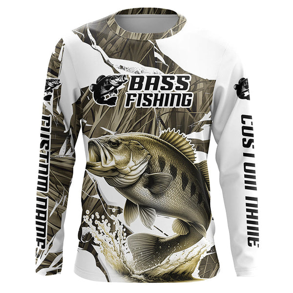 Maxcorners Grass Camo Custom Smallmouth Bass Fishing Long Sleeve Fishing Shirts, Smallmouth Fishing Apparel LM2408