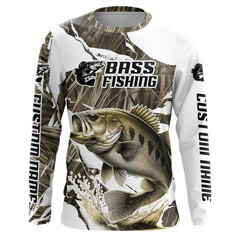 Maxcorners Grass Camo Custom Smallmouth Bass Fishing Long Sleeve Fishing Shirts, Smallmouth Fishing Apparel LM2408