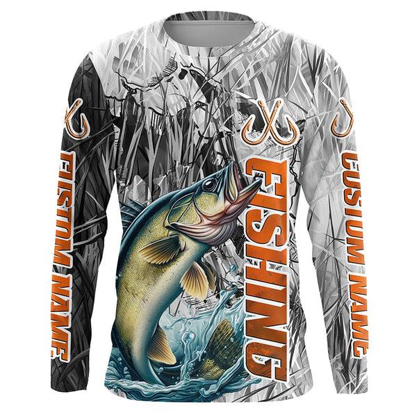 Maxcorners Walleye Fishing Custom Long Sleeve Tournament Fishing Shirts, Gray Camo Walleye Fishing Jerseys LM2408