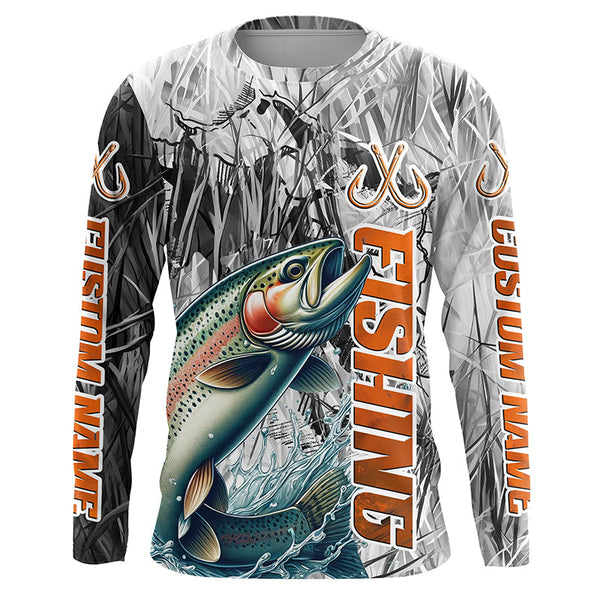 Maxcorners Rainbow Trout Fishing Custom Long Sleeve Fly Fishing Shirts, Gray Camo Trout Fishing Jerseys LM2408
