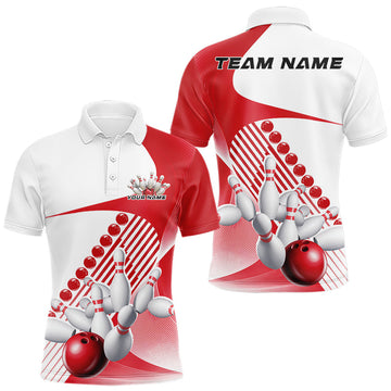 Maxcorners Custom White And Red Bowling Ball And Pins Men Polo Shirt, Bowling Team Jerseys LM1904