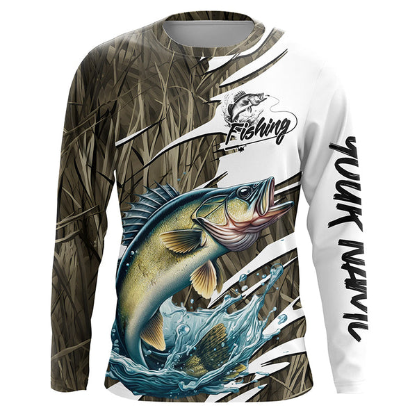 Maxcorners Walleye Fishing Custom Camo Long Sleeve Fishing Shirts, Walleye Fishing Tournament Apparel MT2108