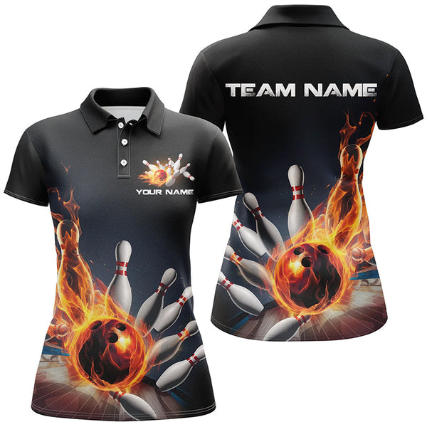 Maxcorners Ball Fire Flame Bowling Jersey Customized Name, Team Name 3D Polo Shirt