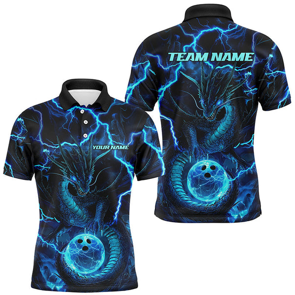 Maxcorners Black And Blue Thunder Lightning Dragon Bowling Shirts For Men, Bowling Team Jerseys