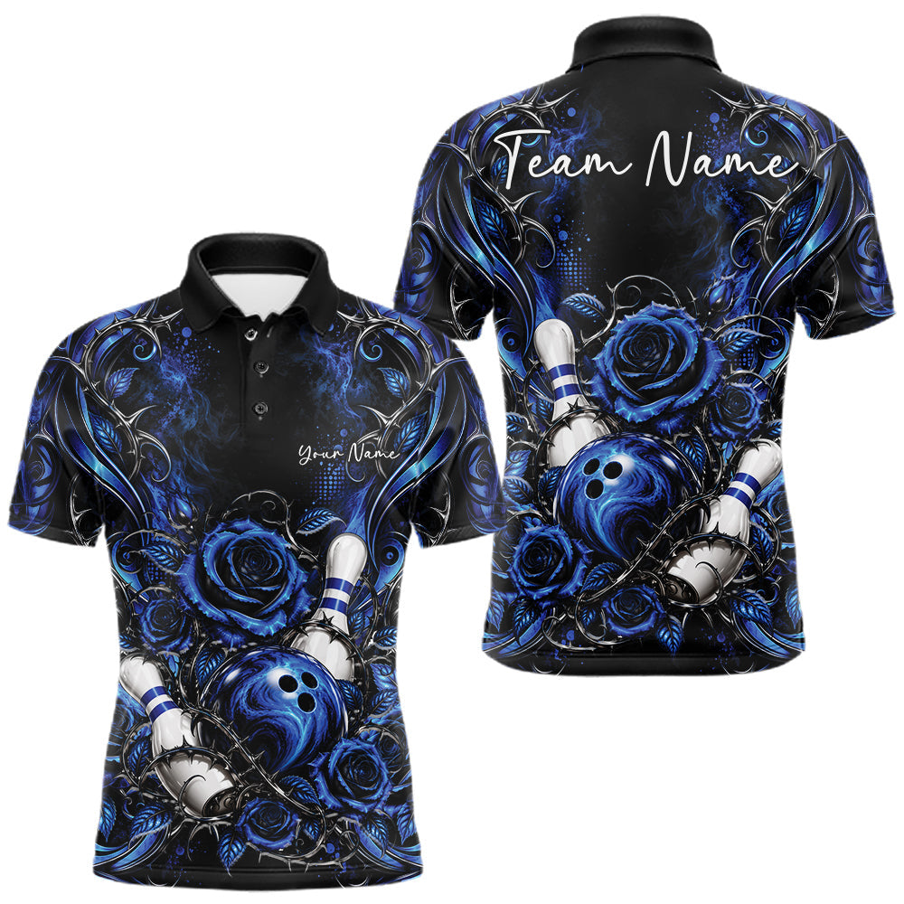 Maxcorners Personalized Blue Roses Bowling Team Jersey, Flower Bowling Men Polo Shirt Bowler Gift