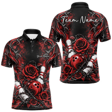 Maxcorners Personalized Red Roses Bowling Team Jersey, Flower Bowling Men Polo Shirt Bowler Gift