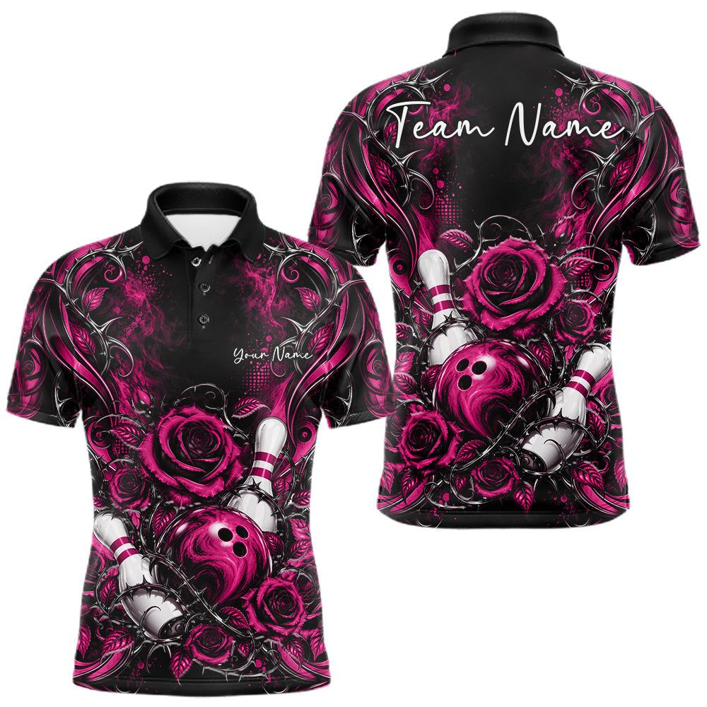 Maxcorners Personalized Pink Roses Bowling Team Jersey, Flower Bowling Men Polo Shirt Bowler Gift