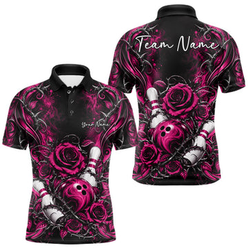 Maxcorners Personalized Pink Roses Bowling Team Jersey, Flower Bowling Men Polo Shirt Bowler Gift