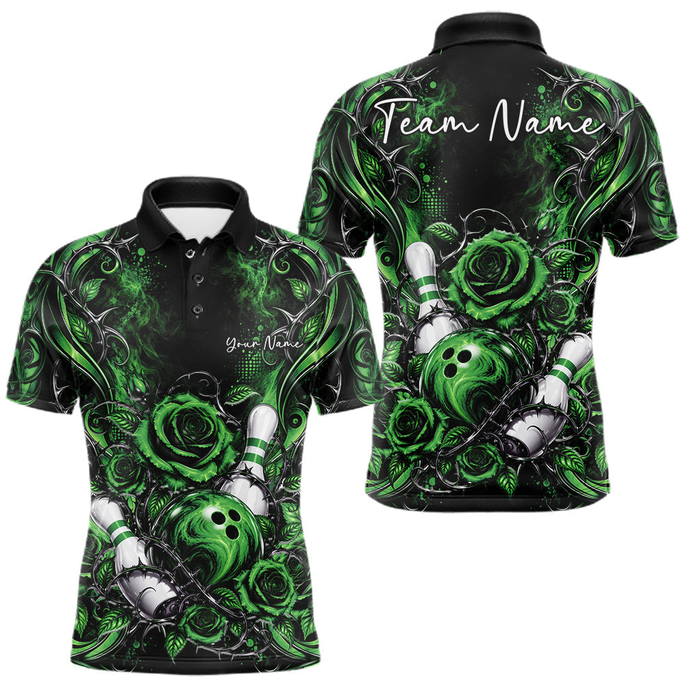 Maxcorners Personalized Green Roses Bowling Team Jersey, Flower Bowling Men Polo Shirt Bowler Gift