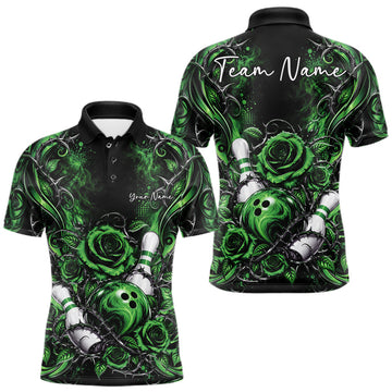 Maxcorners Personalized Green Roses Bowling Team Jersey, Flower Bowling Men Polo Shirt Bowler Gift