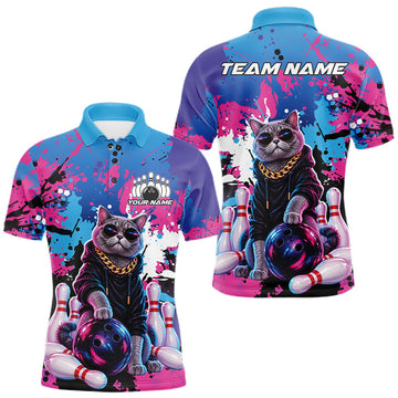Maxcorners Custom Colorful Splatter Funny Cool Cat Bowling Team Men Polo Shirt, Bowling Club Outfit