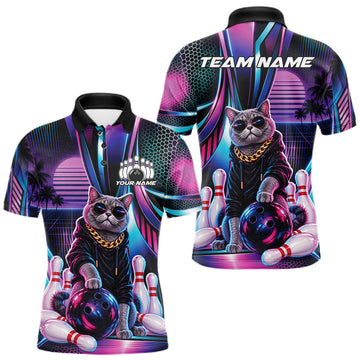 Maxcorners Custom Neon Funny Cat Bowling Team Men Polo Shirt, Retro Cat Lovers Gift For Bowlers