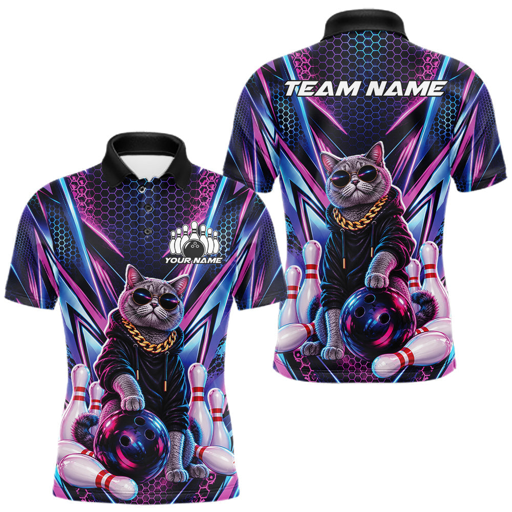 Maxcorners Custom Neon Funny Cat Bowling Team Men Polo Shirt, Cat Lovers Gift For Bowlers Bowling Jersey