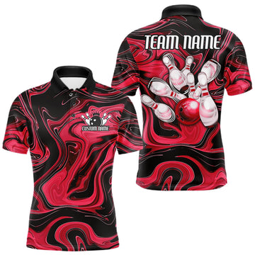 Maxcorners Custom Black And Red Liquid Marble Bowling Team Men Polo Shirt, Bowler Jersey