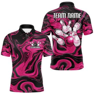 Maxcorners Custom Black And Pink Liquid Marble Bowling Team Men Polo Shirt, Bowler Jersey