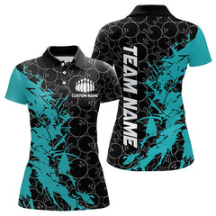 Maxcorners Black And Cyan Custom Bowling Tournament Polo Shirts For Men, Bowling Pattern Team Jerseys
