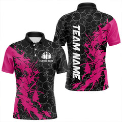 Maxcorners Black And Pink Custom Bowling Tournament Polo Shirts For Men, Bowling Pattern Team Jerseys