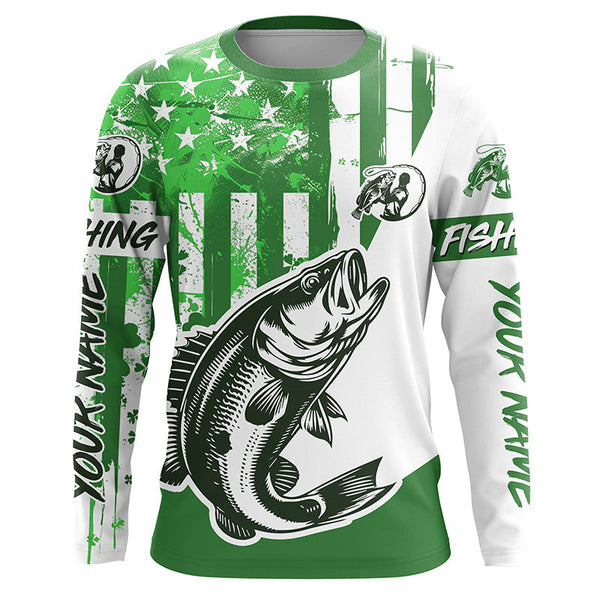 Maxcorners Custom Name St Patrick'S Day Bass Long Sleeve Fishing Shirts, Patriotic Bass Fishing Jerseys 1 LM2408