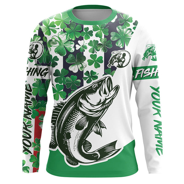 Maxcorners Custom Name St Patrick'S Day Bass Long Sleeve Fishing Shirts, Patriotic Bass Fishing Jerseys 2 LM2408
