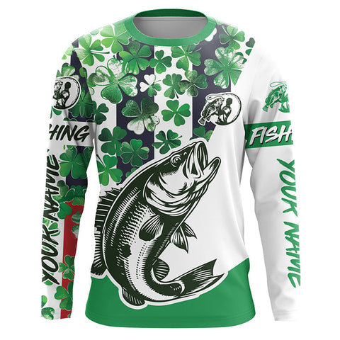 Maxcorners Custom Name St Patrick'S Day Bass Long Sleeve Fishing Shirts, Patriotic Bass Fishing Jerseys 2 LM2408