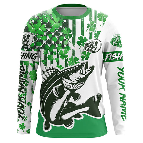 Maxcorners Custom Name St Patrick'S Day Walleye Long Sleeve Fishing Shirts, Patriotic Walleye Jerseys 1 LM2408