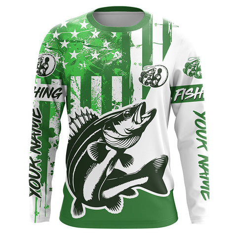 Maxcorners Custom Name St Patrick'S Day Walleye Long Sleeve Fishing Shirts, Patriotic Walleye Jerseys 3 LM2408